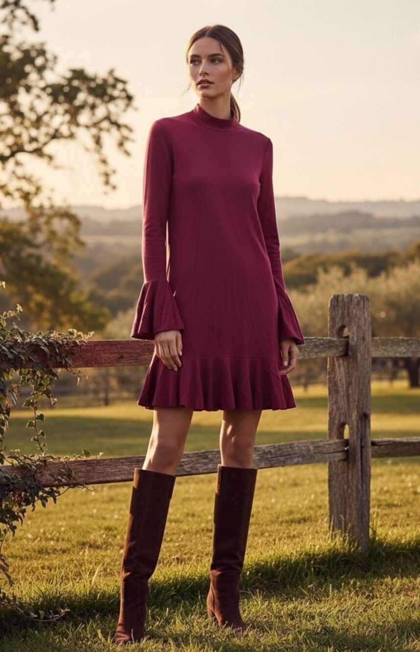 Susana Monaco Womens Bodycon Dress Maroon High Neck Bell Long Sleeve Mini XS